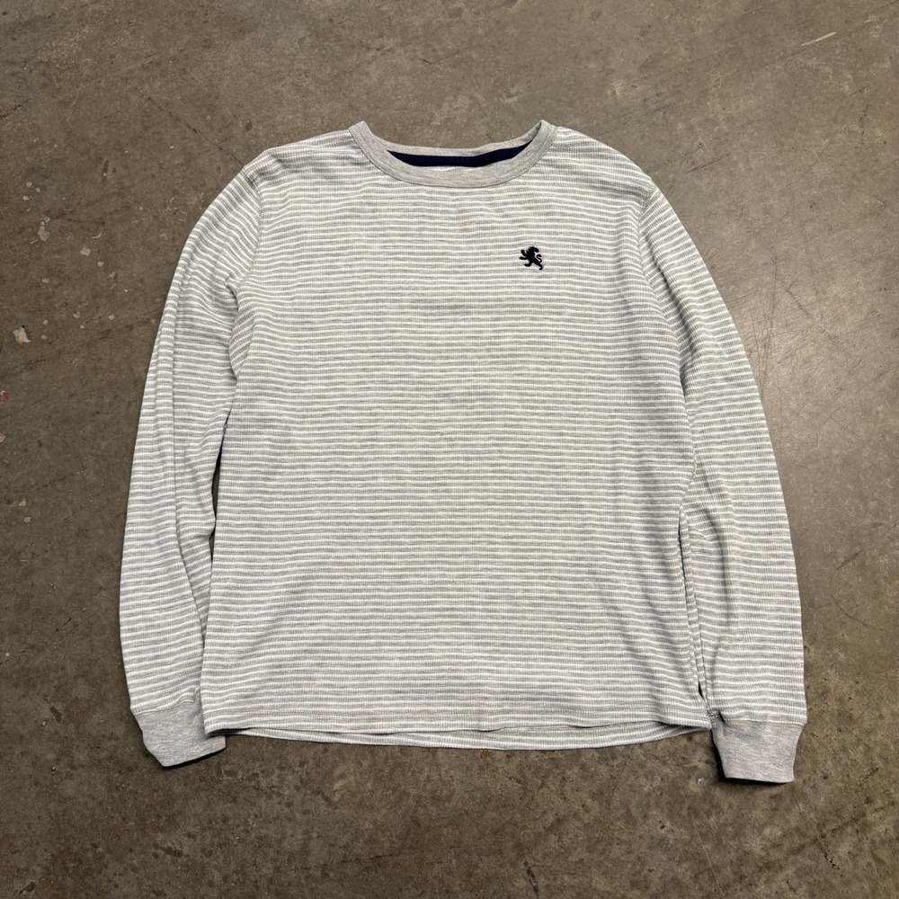 Express Mens Waffle Knit Thermal Shirt Grey White Striped Lion Logo Large L